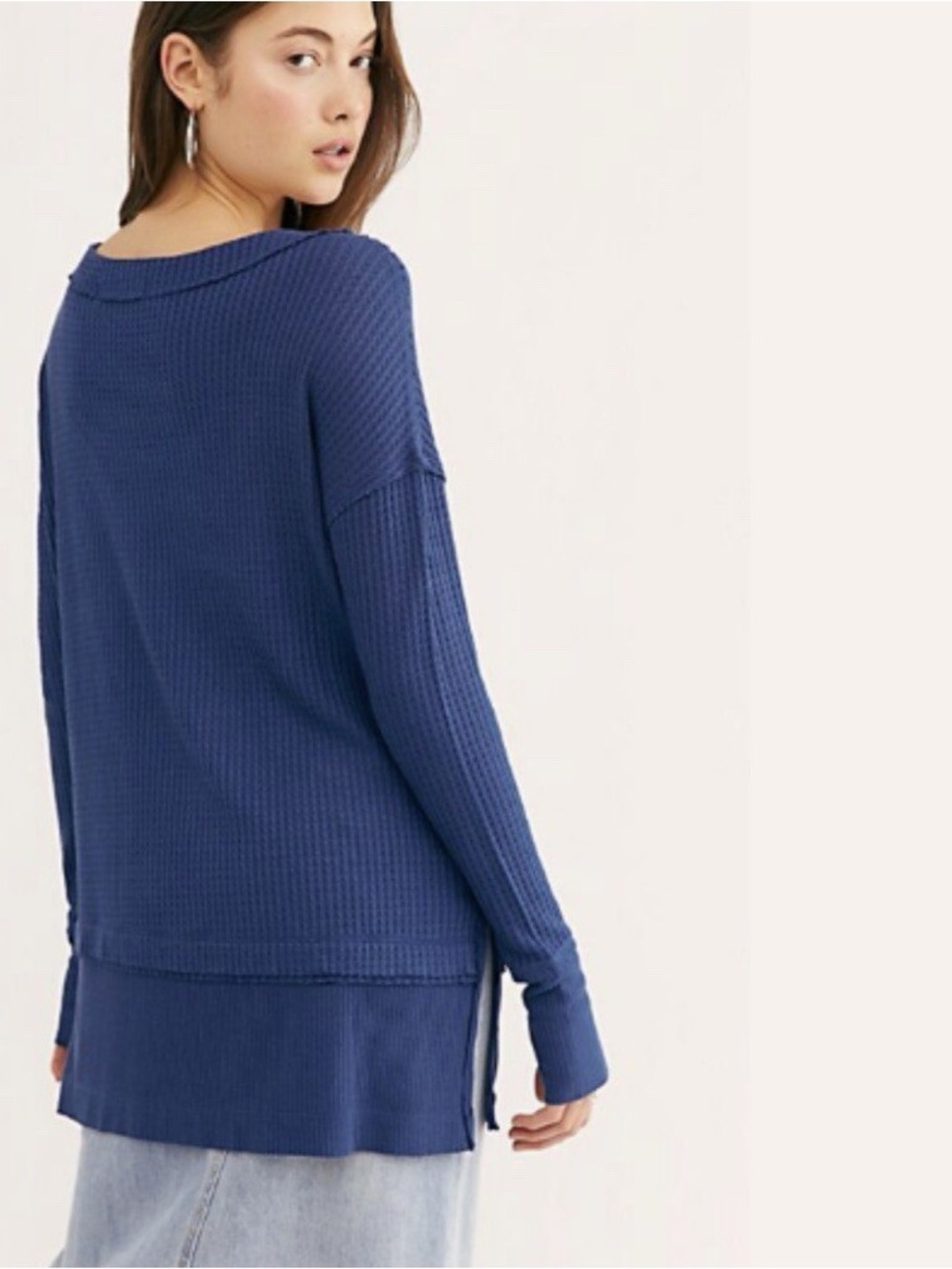 We the Free People North Shore Thermal Ribbed Long Sleeve Blue Tunic Long Top
